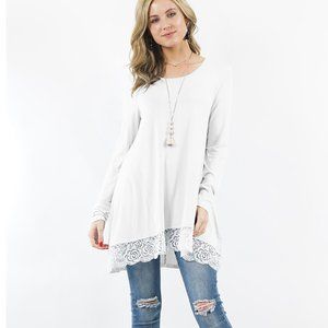 IVORY Luxe rayon long sleeve lace trim hi-low hem top